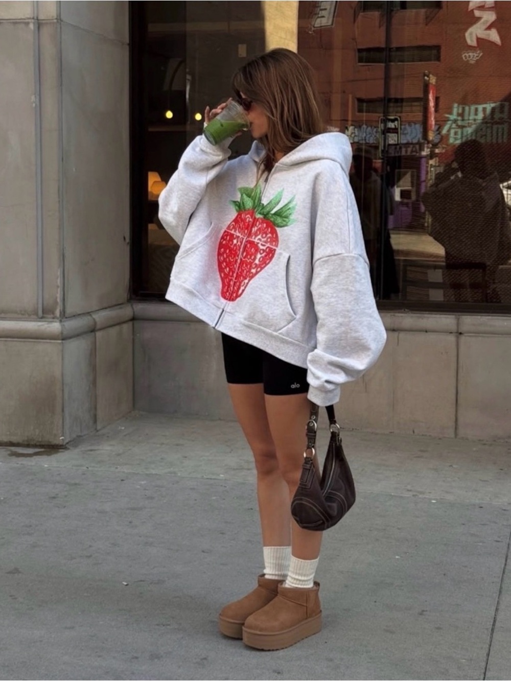 *LOOKING 4*Elwood Gray Hoodie with Strawberry Graphic - Women's Oversized Zip-Up